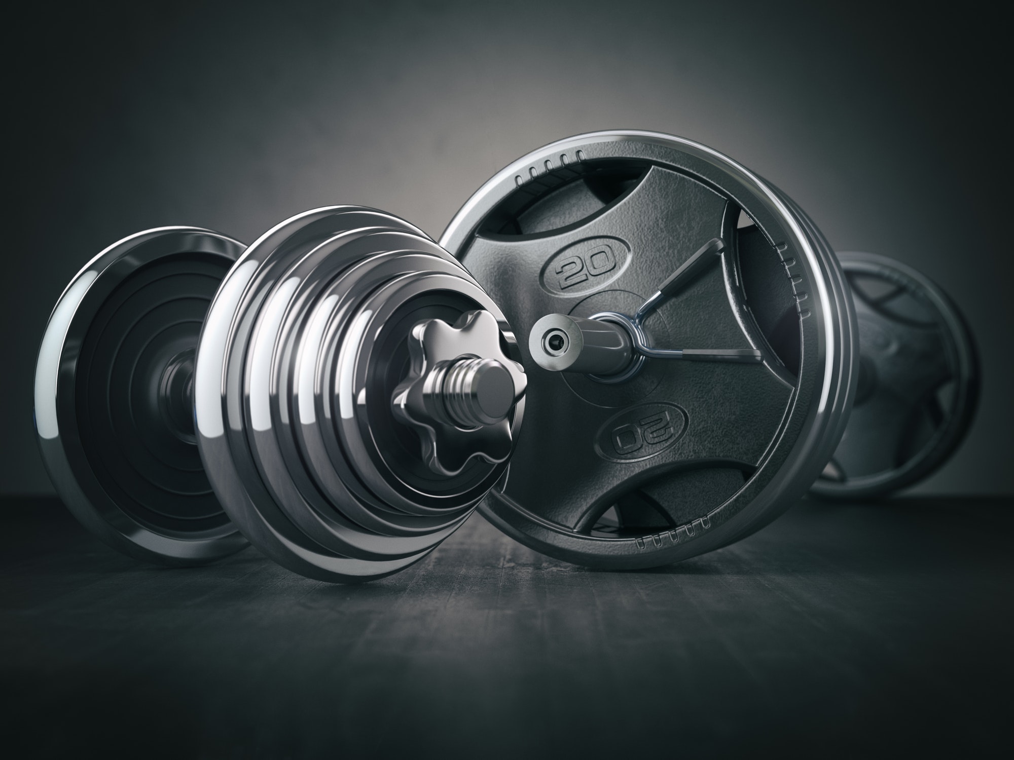 Barbell and dumbell. Sports bodybuilding equipment on black back