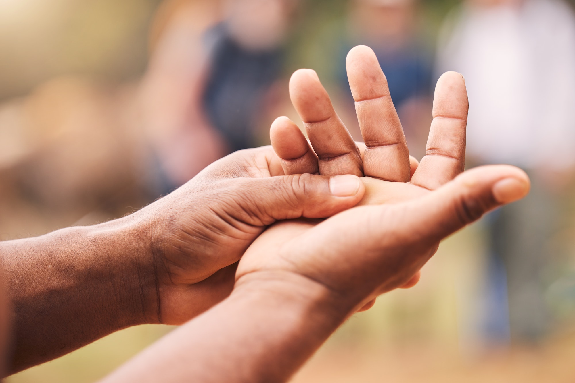 Hand, injury and senior man with mockup for arthritis, inflammation and fracture on blurred backgro